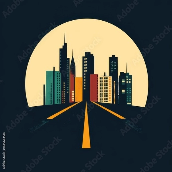 Fototapeta Stylized city skyline with empty yellow road, tall buildings, and giant moon, vector illustration.