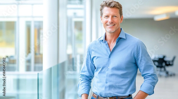 Fototapeta Portrait of a handsome, smiling businessman standing in a modern office with a glass wall and conference room in the background, looking at the camera with his hands in his pockets.
