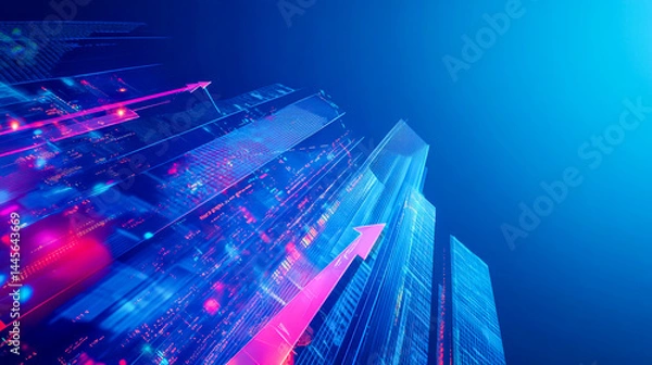 Fototapeta Realistic upward trending stock arrow on blue background, representing market gains and prosperity, clean space for text