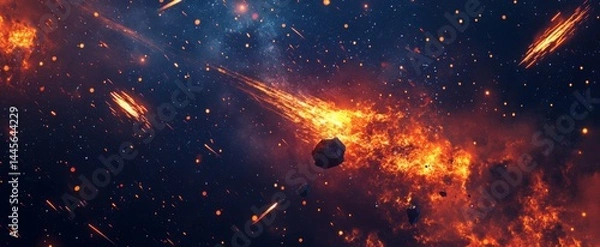 Fototapeta A starry sky, meteors streaking across the Earth's surface, orange and red flames in space, a huge meteorite falling from outer space to hit Earth, creating an apocalyptic atmosphere.