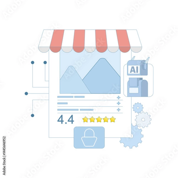 Fototapeta AI concept enhances customer experience. Personalized predictive product recommendations, martech and AI using data analytics and machine learning marketing. Flat vector illustration.