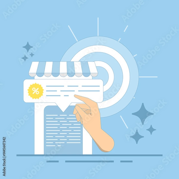 Fototapeta Local business e-commerce marketing concept, audience targeting and store sales advertising. Retail promotion strategy with customer engagement in personalized discount offers. Flat illustration