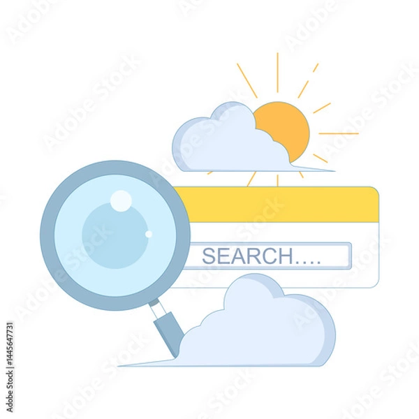 Fototapeta SEO magnifier search icon, optical search. search tab. UI UX interface for research magnifier. SEO analytics search browser. Lens to magnify objects. Flat design illustration on background.