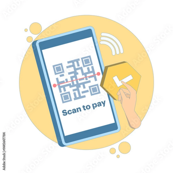 Fototapeta Payment concept using QR. Secure transaction. QR code payment integration for contactless payment and mobile payment. QR code for easy ordering and payment. Flat design vector illustration.
