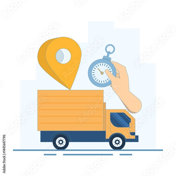 Fototapeta Fast Delivery Concept. Delivery Truck with Stopwatch and Location Symbol. fast and safe delivery. Package delivery with fast response. Vector Illustration Design on background.