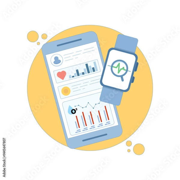Fototapeta Health technology device concept. monitoring health and improving healthcare insights. smart watch and fitness tracker working with mobile app. Flat design vector illustration on background.