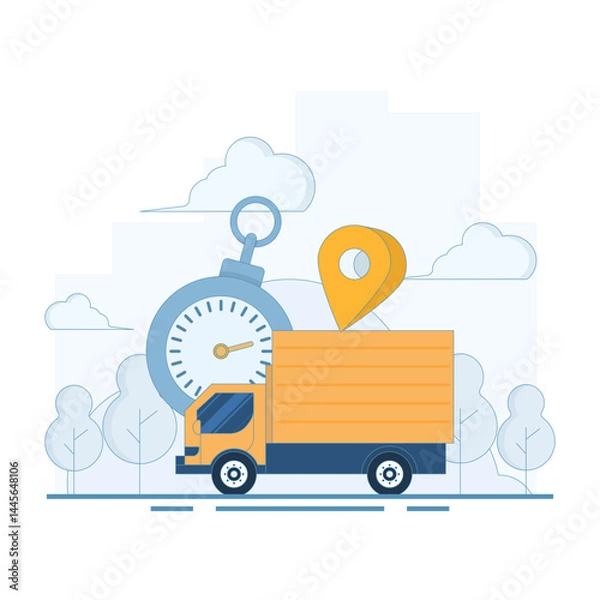 Fototapeta Fast Delivery Concept. Delivery Truck with Stopwatch and Location Symbol. fast and safe delivery. Package delivery with fast response. Vector Illustration Design on background.