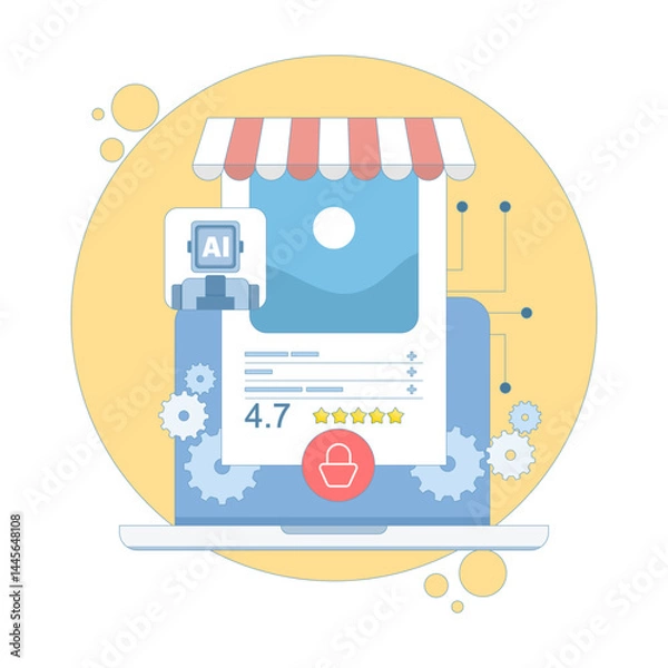 Fototapeta AI concept enhances customer experience. Personalized predictive product recommendations, martech and AI using data analytics and machine learning marketing. Flat vector illustration.