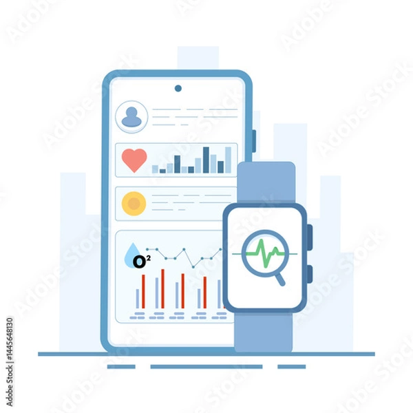 Fototapeta Health technology device concept. monitoring health and improving healthcare insights. smart watch and fitness tracker working with mobile app. Flat design vector illustration on background.