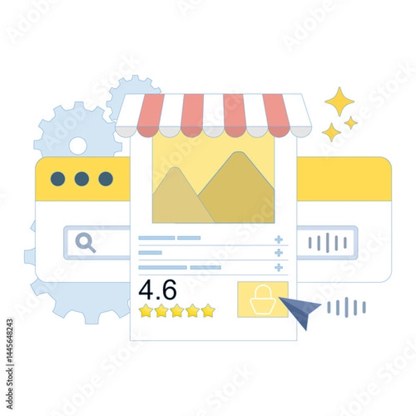 Fototapeta voice search concept. SEO optimization, digital assistant, voice search, improving product discovery and user engagement. optimized e-commerce product page. flat design illustration