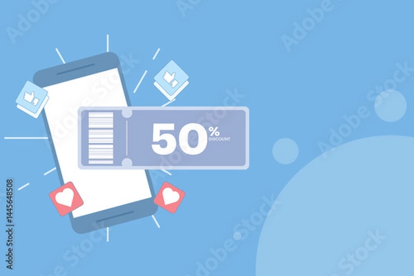 Fototapeta Visual promo code concept. Discount ticket with coupon icon, voucher elements for online shopping, seasonal offers and digital store deals. Discount ticket icon. Flat design vector illustration.