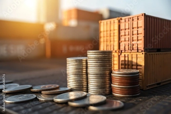 Fototapeta Stacks of coins and shipping containers representing global trade and commerce in a bustling port environment.