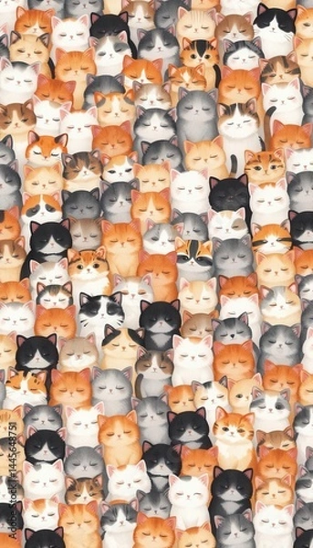 Fototapeta Seamless pattern of thousands of cute fluffy cats in various colors packed tightly together