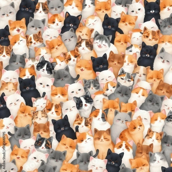 Fototapeta Seamless pattern of thousands of cute fluffy cats in various colors packed tightly together