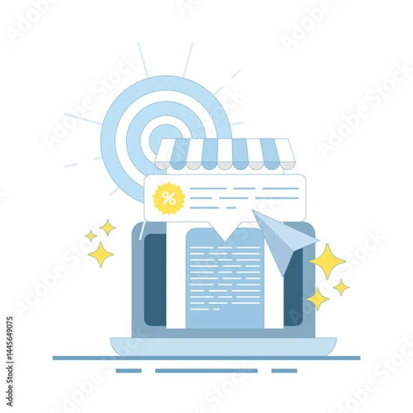 Fototapeta Local business e-commerce marketing concept, audience targeting and store sales advertising. Retail promotion strategy with customer engagement in personalized discount offers. Flat illustration