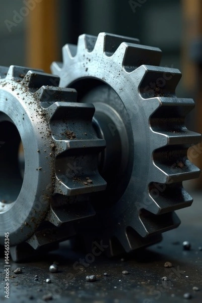 Obraz Close-up of two metallic gears, showing intricate detail and a gritty texture, resting on a dark surface with scattered particles.