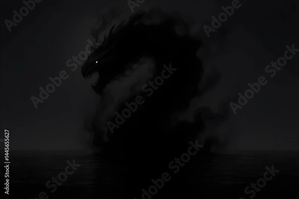 Fototapeta A dark, ominous creature resembling a dragon or serpent rises from a shadowy ocean, with glowing eyes and a menacing presence. Concept Epic Creature Design, Dark Fantasy Art, Mythical Beasts