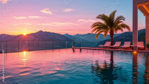 Fototapeta Tropical Sunrise View at Infinity Pool with Palm Tree and Relaxing Lounge Chairs