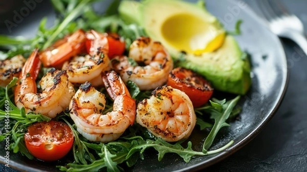 Fototapeta A refreshing summer lunch plate of grilled shrimp with avocado, cherry tomatoes, and arugula, perfect for digestion.