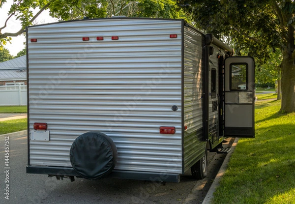 Fototapeta Rear view of a camping trailer with an open door parked on the road in a residential neighbourhood