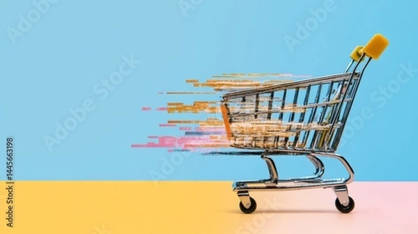 Fototapeta Glitched Shopping Cart Icon, vibrant abstract design featuring a digital distortion, customizable text area for branding or messaging