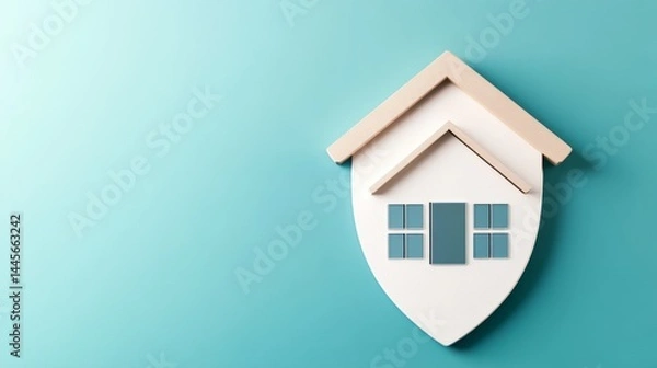 Fototapeta Abstract shield design featuring a house silhouette, ample blank space for text, ideal for branding or promotional materials.