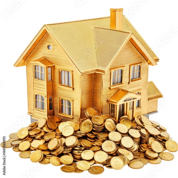 Fototapeta Detailed model of a cozy wooden house surrounded by a pile of gold coins symbolizing wealth and investment, on a white background for real estate or financial concepts