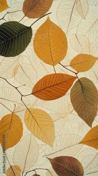 Fototapeta Colorful autumn leaves in shades of green yellow orange and brown with detailed vein patterns on a light background creating a vibrant seasonal display