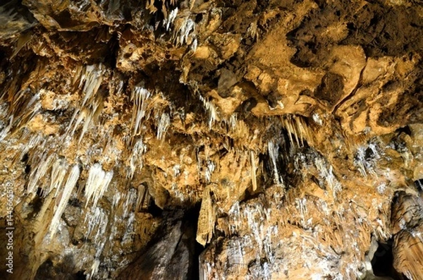 Obraz Inside of beautiful old dark cave with many stalactites. Grotte di Is Zuddas, Italy, Sardinia