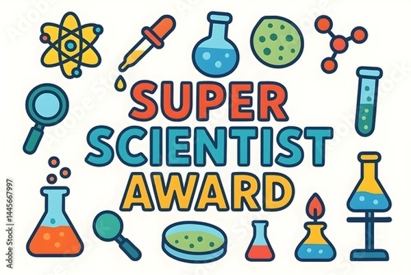 Fototapeta A colorful illustration featuring science-related icons and the text Super Scientist Award. Concept Science Icons, Super Scientist Award, Colorful Illustration, Educational Recognition