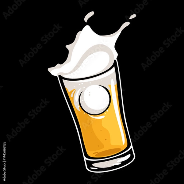 Obraz Beer glass with ping pong ball. Beer cup with foam splash vector illustration