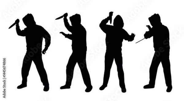 Fototapeta Vector silhouettes of a man in a hoodie holding knife attacking someone isolated on white background