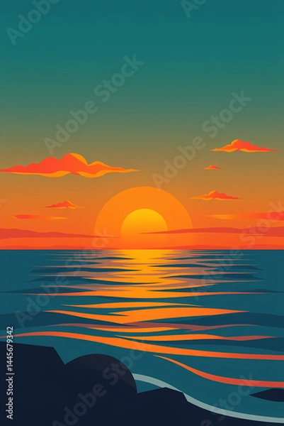 Obraz Sunset Over Ocean Waves: A Tranquil Digital Art Seascape with Warm Tones and Reflective Water