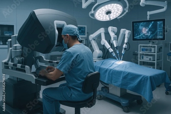Fototapeta Surgeon operating robotic surgical system in advanced operating room