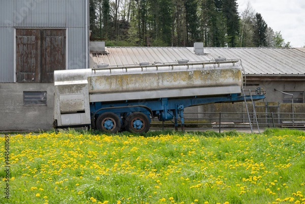 Fototapeta A vintage milk truck rests beside a farm structure, covered with patches of moss and parked on vibrant green grass. Yellow dandelions bloom all around, showcasing the beauty of spring in nature.