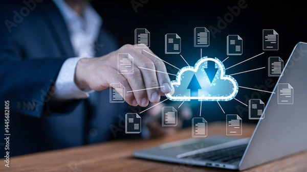 Obraz Businessman utilizing Cloud Computer technology and online storage for computer business network ideas linked to Internet server services for cloud transfer as demonstrated in the future Data Network.
