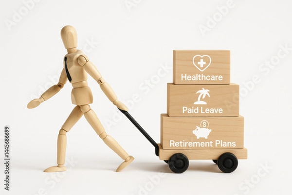Fototapeta Employee benefits concept with wooden figure pulling cart of healthcare paid leave retirement plans, symbolizing workplace support