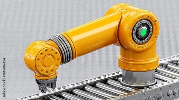 Obraz Yellow Robotic Arm on a Metallic Conveyor Belt