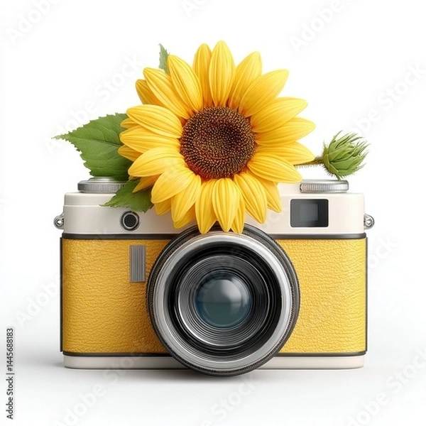 Obraz Yellow Vintage Camera with Sunflower on White Background