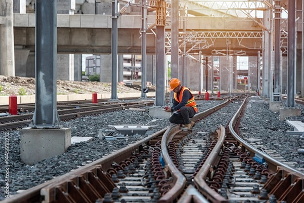 Fototapeta Engineer Inspecting Railway Track During Construction