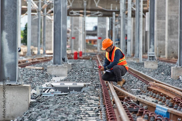 Fototapeta Engineer Inspecting Railway Track During Construction