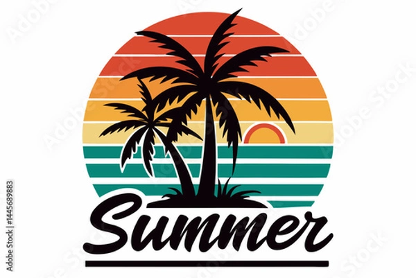 Fototapeta retro sunset beach palm tree vector illustration,  summer vibes t-shirt design