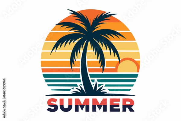 Fototapeta retro sunset beach palm tree vector illustration,  summer vibes t-shirt design