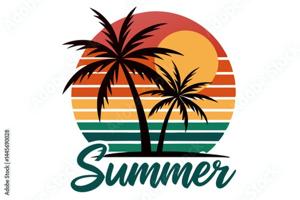 Fototapeta retro sunset beach palm tree vector illustration,  summer vibes t-shirt design