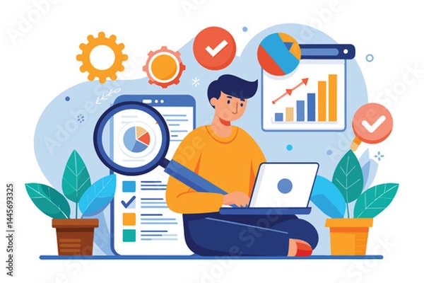 Obraz The young man sits cross-legged, focusing on his laptop to analyze data, with various charts and checklists around him in a colorful workspace full of greenery.