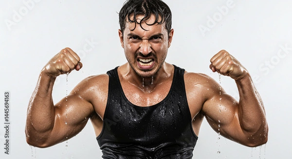 Fototapeta Furious Man Flexing Muscles Against White Backdrop Displaying Power and Determination During Intense Workout Session in Black Outfit