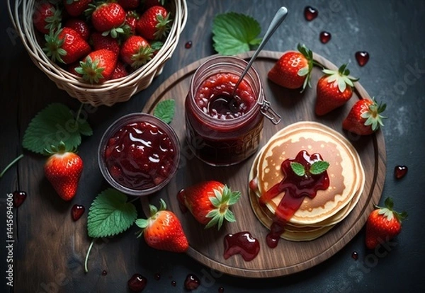 Fototapeta Rustic table setting with pancakes, jam and a basket of strawberries