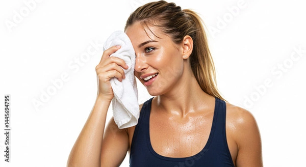 Fototapeta Sweaty Woman Wiping Face With Towel After Intense Exercise With Blue Tank Top Against White Background