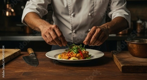 Fototapeta A close-up of a professional chef plating a vibrant dish with fresh ingredients, wooden counters, and vintage kitchen tools. The atmosphere feels artisanal and rich in flavor.