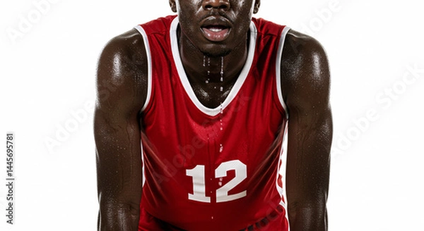 Fototapeta Exhausted Basketball Player in Red Jersey Isolated on White Background Displaying Sweat and Physical Strain after Intense Game